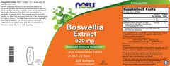 NOW Foods Boswellia ingredients label shows allergen-free formulation.