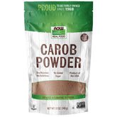 NOW Foods carob powder front-pack, gluten-free additive-free chocolate substitute.