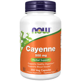 NOW Foods Cayenne 500 mg bottle front, signaling herbal support for digestion and vascular wellness