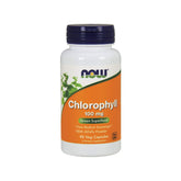 NOW Foods chlorophyll bottle with capsules, highlighting green superfood profile