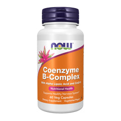 NOW Foods Co-Enzyme B-Complex capsules with bottle cap view and product name