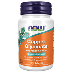 NOW Foods Copper Glycinate bottle front with Albion copper bisglycinate for daily mineral support