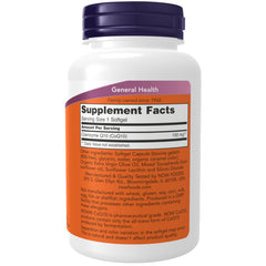 NOW Foods CoQ10 softgels label close‑up highlighting quality and dosage