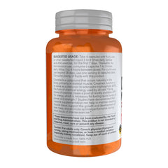 NOW Foods Creatine Monohydrate capsules closeup emphasizing 750 mg per capsule for energy production