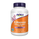 NOW Foods D-Mannose 500 mg bottle label with non-GMO and vegan certifications.