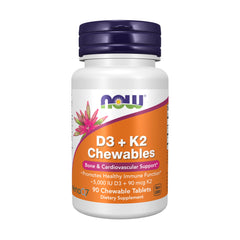 NOW Foods D3 + K2 chewables bottle on shelf supports bone and cardiovascular health.