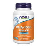 NOW Foods DHA-1000 Brain Support bottle showing 1,000 mg DHA per softgel supports brain health.