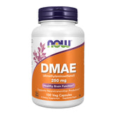NOW Foods DMAE 250 mg bottle close-up, vegan capsules for easy daily use.