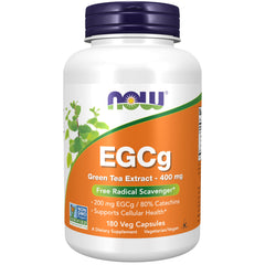 NOW Foods Green Tea Extract capsule showing 200 mg EGCg for cellular support.