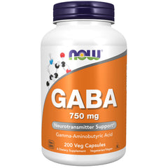 NOW Foods GABA 750mg capsules front view for relaxation support.