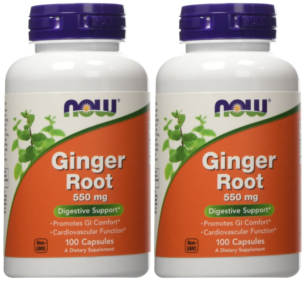 NOW Foods Ginger Root 550mg capsules, front view, supports digestive comfort.