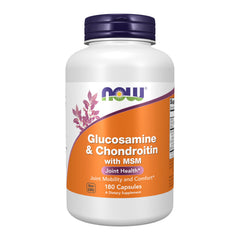 NOW Foods glucosamine-chondroitin-msm bottle front promoting everyday joint support.