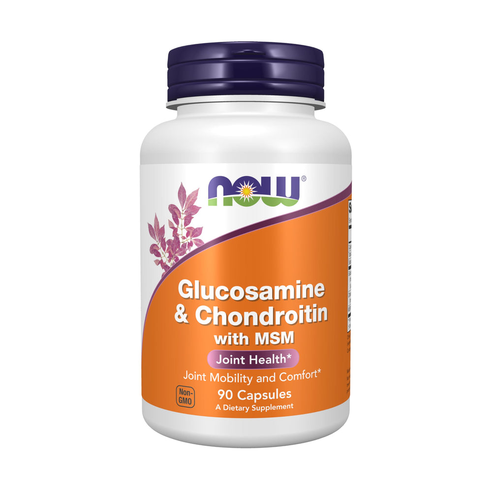 NOW Foods glucosamine chondroitin with MSM bottle on shelf supports joint health and flexibility