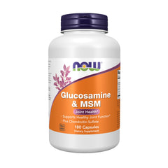 NOW Foods glucosamine-msm-chondroitin bottle highlights three-part joint support.