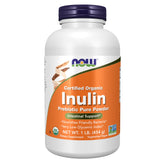 NOW Foods Inulin Prebiotic powder bottle showing organic formulation for gentle gut balance