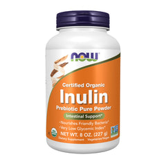 NOW Foods Inulin Prebiotic Powder bottle with organic packaging and gentle fiber for digestive support.