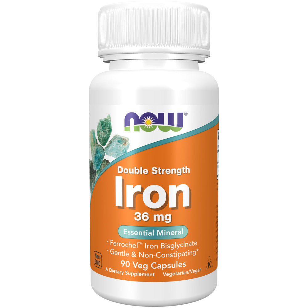 NOW Foods Iron 36 mg bottle front showing double-strength supplement for daily energy support