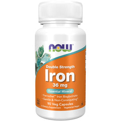 NOW Foods Iron 36 mg bottle front showing double-strength supplement for daily energy support
