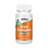 NOW Foods Iron Complex bottle featuring Ferrochel iron for absorption.