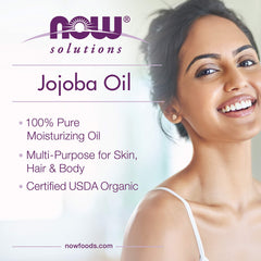 Clear NOW Foods jojoba oil bottle showing UV protection feature.
