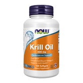 NOW Foods Krill Oil 500 mg bottle close-up emphasizing omega-3 content and freshness