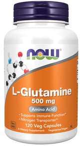 NOW Foods L-Glutamine bottle with capsules highlighting nitrogen transporter support.