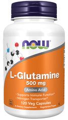 NOW Foods L-Glutamine bottle with capsules highlighting nitrogen transporter support.