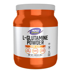 NOW Foods L-Glutamine powder bottle showcases a pure supplement for nitrogen balance support