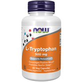 NOW Foods L-Tryptophan 500 mg bottle shown for mood support and relaxation.