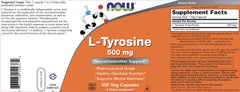NOW Foods L-Tyrosine 500mg nutrition facts panel visible.