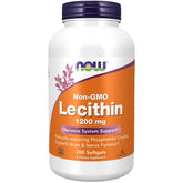 NOW Foods Lecithin 1200 mg softgels bottle highlighting phosphatidylcholine for brain support.