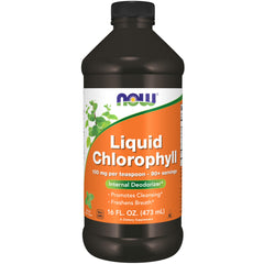 NOW Foods liquid chlorophyll bottle with refreshing mint flavor for daily hydration.