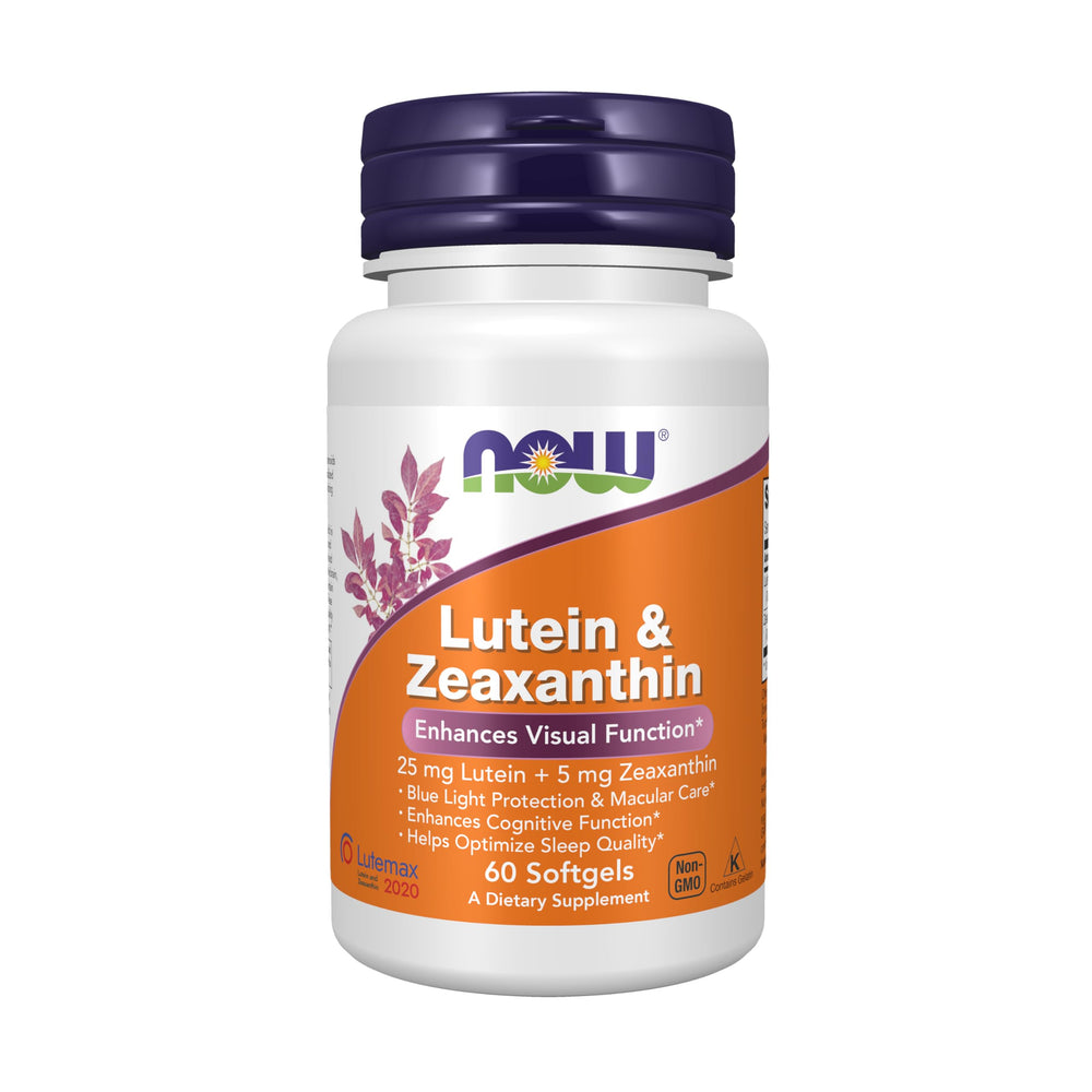 NOW Foods Lutein & Zeaxanthin softgels bottle highlights eye health potential