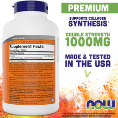 NOW Foods L-Lysine 1000mg tablet close-up, pressed lysine powder quality
