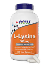 Now Foods L-Lysine 500 mg bottle close-up showing capsule form for essential amino acid support.