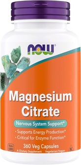 NOW Foods Magnesium Citrate bottle with capsules supports energy and nerve function.