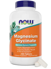 NOW Foods Magnesium Glycinate bottle front view highlighting the 240-tablet size for daily use.