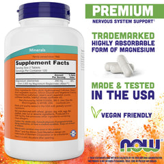 NOW Foods Magnesium Glycinate bottle open with tablets ready, convenient daily supplementation.