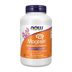 NOW Foods Magtein bottle with capsules suggesting cognitive support for daily focus