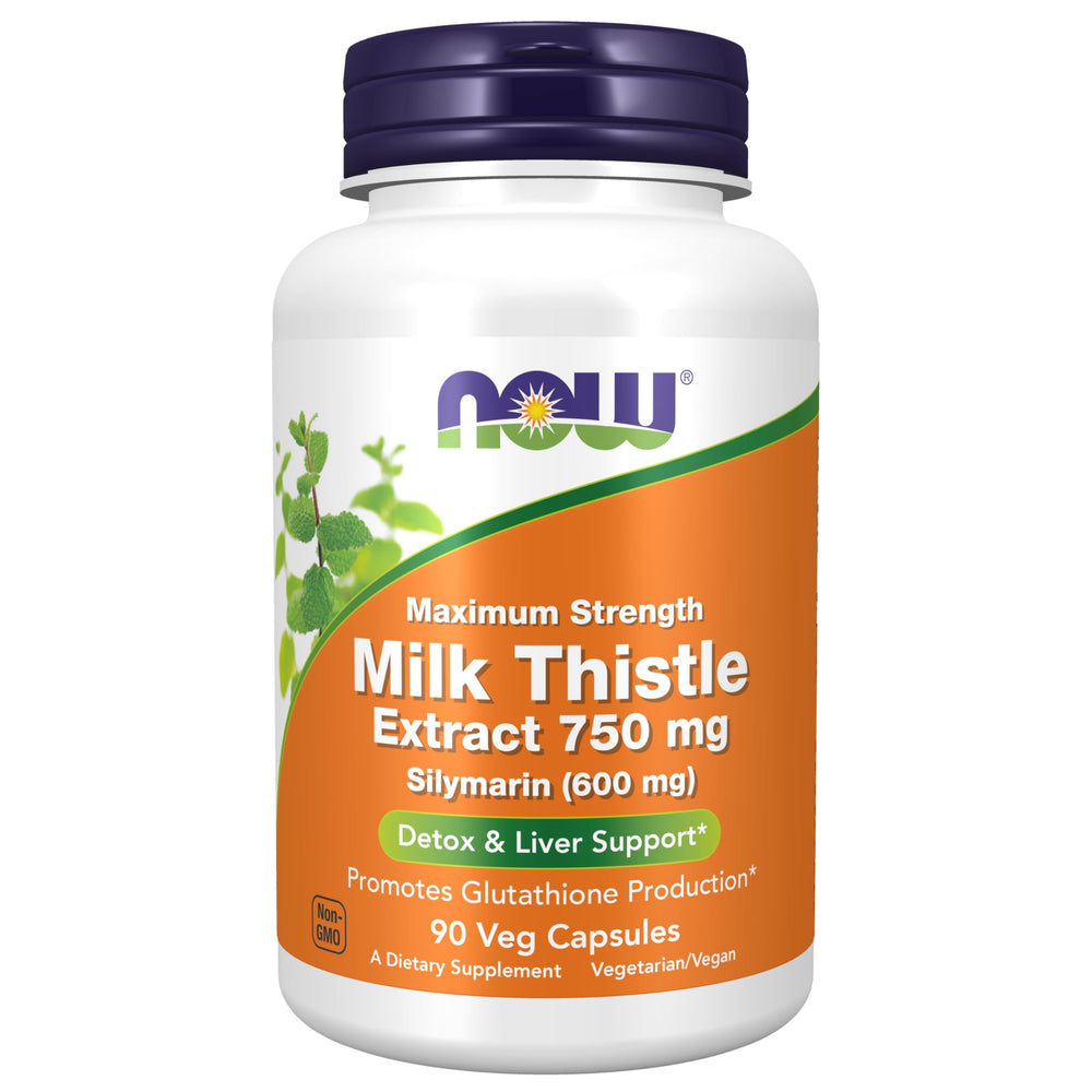 NOW Foods Milk Thistle 750 mg bottle and capsules for liver support.