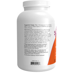 NOW Foods MSM powder with scoop demonstrates easy mixing for drinks