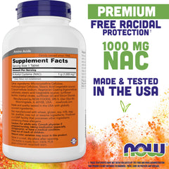 NOW Foods NAC tablets close-up showing 1000 mg per tablet for antioxidant support