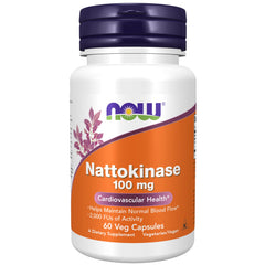 NOW Foods Nattokinase 100 mg bottle with label showing 2,000 FU activity for circulatory support