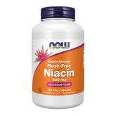 NOW Foods Niacin 500 mg bottle close-up showing flush-free capsules for daily energy support.