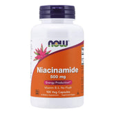 NOW Foods Niacinamide 500mg bottle label showing non-flush vitamin B-3 details.