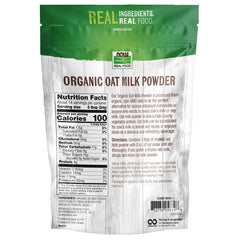 NOW Foods Oat Milk Powder cup shows dairy-free option ready for coffee or tea.