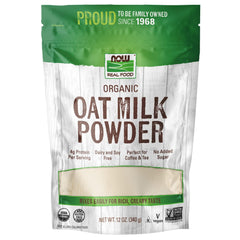 NOW Foods Organic Oat Milk Powder container highlights dairy-free, organic ingredients for lactose-free use.