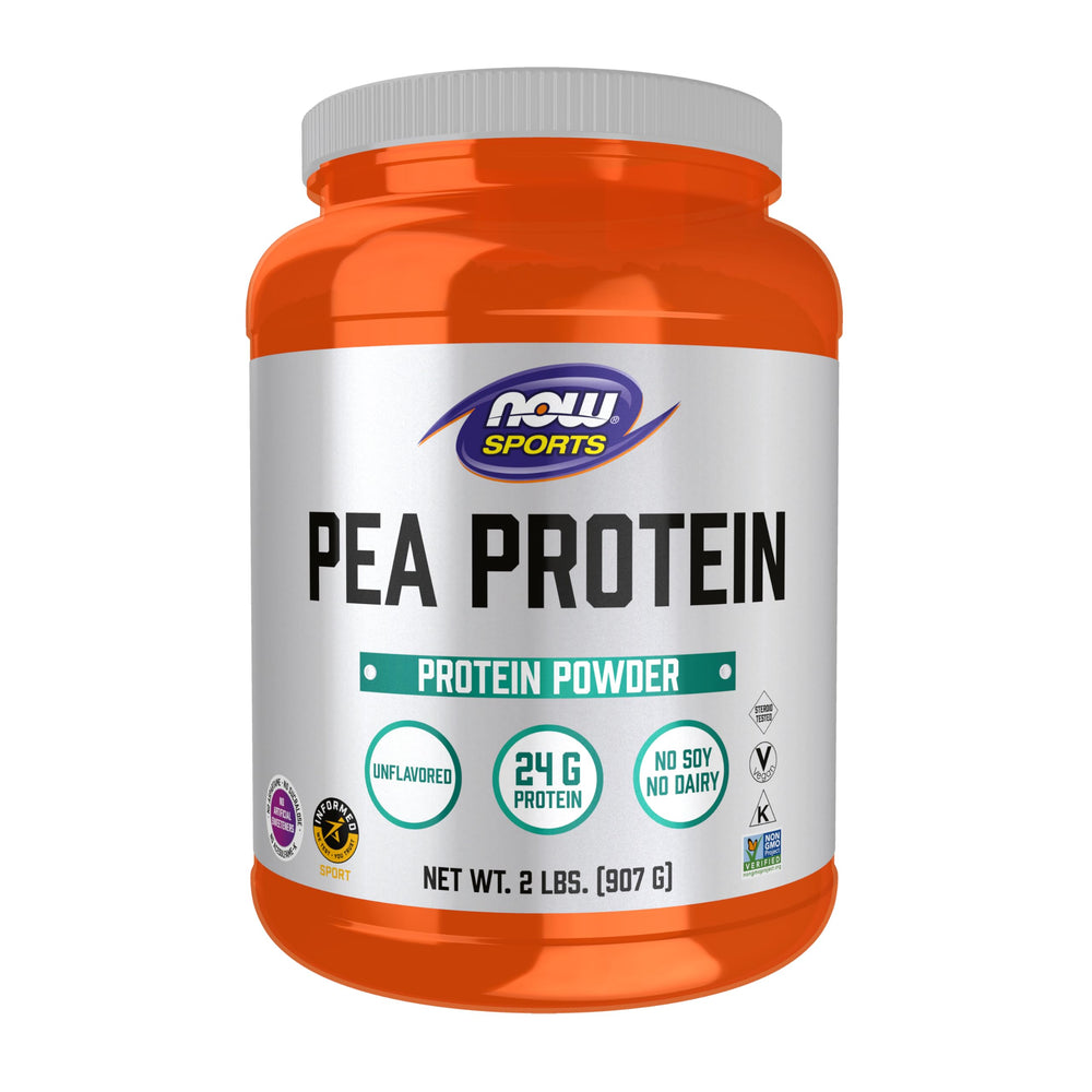 NOW Foods Pea Protein bottle label emphasizes purity for post-workout recovery.