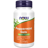 NOW Foods Peppermint Gels bottle showing enteric-coated softgels for digestive comfort