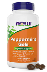 NOW Foods Peppermint Gels bottle with enteric coating for targeted intestinal release.
